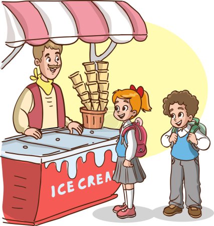 Téléchargez les illustrations : Enfants achetant de la crème glacée à la boutique de crème glacée - en licence libre de droit