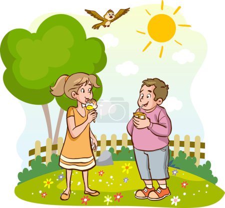 Illustration for Kids eating ice cream and drinking juice on hot summer day - Royalty Free Image