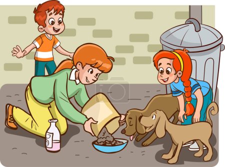 Illustration for Children feeding stray animals cartoon vector - Royalty Free Image