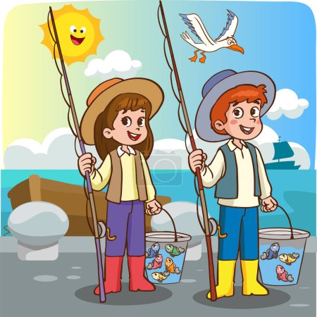 Téléchargez les illustrations : Enfants pêche dans la mer dessin animé vecteur - en licence libre de droit