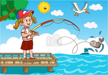 Téléchargez les illustrations : Enfants pêche dans la mer dessin animé vecteur - en licence libre de droit