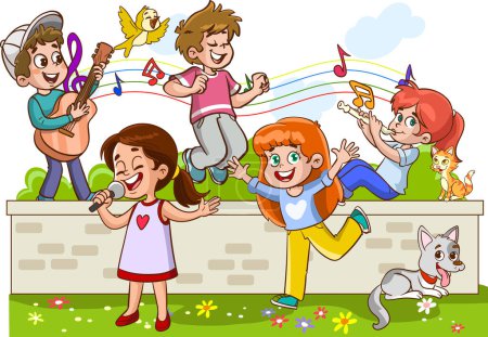 Ilustración de Niños jugando en la pared y cantando - Imagen libre de derechos