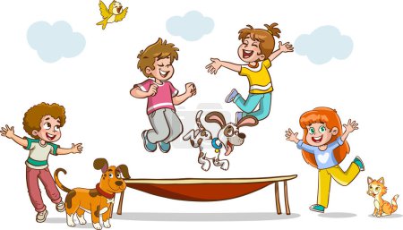 Ilustración de Niños saltando en trampolín vector de dibujos animados - Imagen libre de derechos