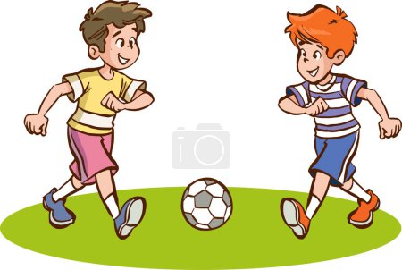 Téléchargez les illustrations : Enfants jouant au football dessin animé vecteur - en licence libre de droit