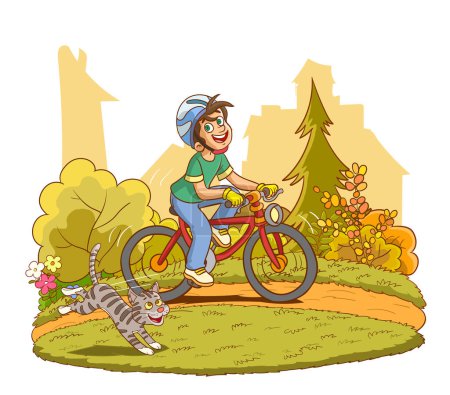 Ilustración de Niño una bicicleta en pastos verdes. Ciclismo infantil al aire libre en casco. Postura niño andar en bicicleta en la naturaleza. bicicleta de dibujos animados en el camino. Ilustración vectorial aislada - Imagen libre de derechos