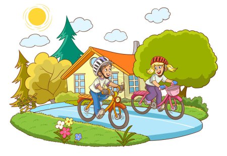 Ilustración de Niños pequeños y felices montando en bicicleta. ilustración vectorial - Imagen libre de derechos