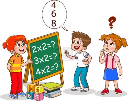 Illustration for Happy kids learning math. Child person do math exercises calculating, writing on chalk board - Royalty Free Image