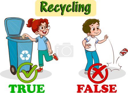 Téléchargez les illustrations : Enfants jetant des ordures dans la poubelle de recyclage.enfants polluant l'environnement vecteur de dessin animé - en licence libre de droit