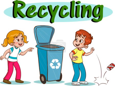 Ilustración de Niños tirar basura en el reciclaje bin.children contaminar el medio ambiente vector de dibujos animados - Imagen libre de derechos