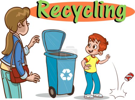 Téléchargez les illustrations : Enfants jetant des ordures dans la poubelle de recyclage.enfants polluant l'environnement vecteur de dessin animé - en licence libre de droit