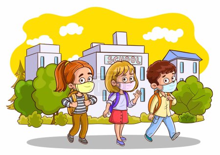 Téléchargez les illustrations : Enfants marchant et retournant à l'école illustration vectorielle - en licence libre de droit