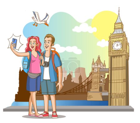 Téléchargez les illustrations : Couple de touristes prenant selfie devant Big Ben à Londres illustration vectorielle - en licence libre de droit