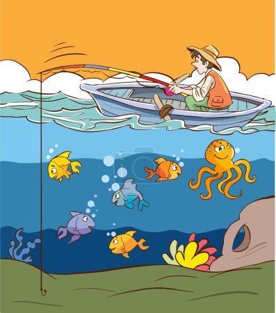 Téléchargez les illustrations : Homme pêche en bateau et poissons vecteur dessin animé sous-marin - en licence libre de droit