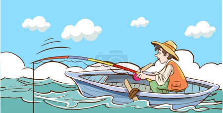 Illustration for Fisherman sitting in the boat, vector illustration multyashnaya comical, red bearded man seated fisherman with a fishing rod in the boat on the river, hunting for fish, fishing on the water - Royalty Free Image