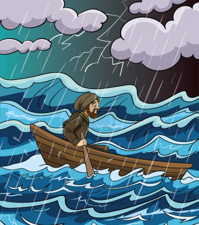 Illustration for Fisherman trying to make his way through the stormy sea.Fisherman in turbulent sea with storm clouds. - Royalty Free Image
