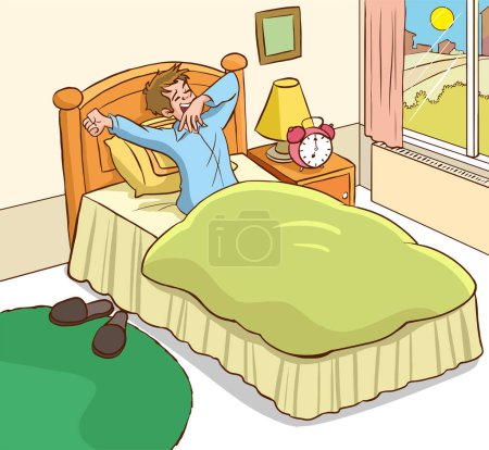 Ilustración de Hombre despertando en la mañana bostezando vector de dibujos animados - Imagen libre de derechos