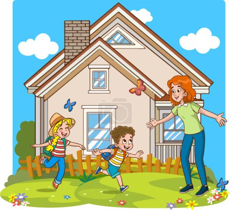 vector illustration of cute kids running to hug their mom.mother and children love.