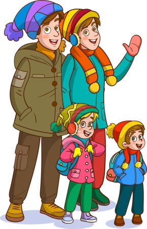 Illustration for Happy family dressed in winter warm clothes. People in the north. Christmas Holidays. Vector illustration in cartoon style - Royalty Free Image