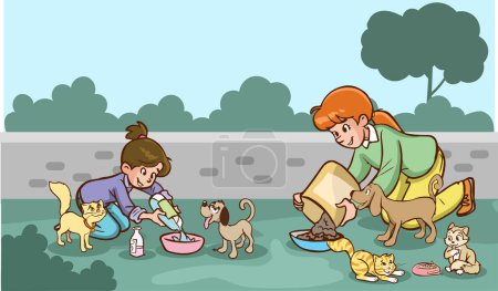 Téléchargez les illustrations : Mère et fille nourrissant des animaux errants - en licence libre de droit