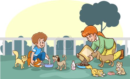 Illustration for Mother and son feeding stray animals - Royalty Free Image