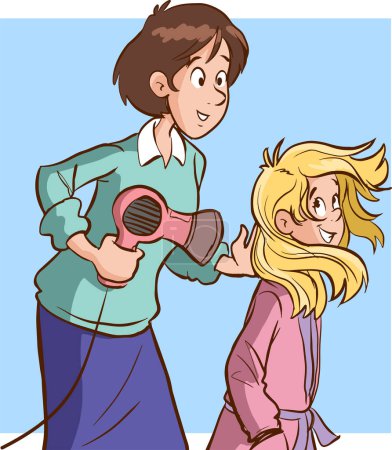 Illustration for Mother drying her daughter's hair cartoon vector illustration - Royalty Free Image