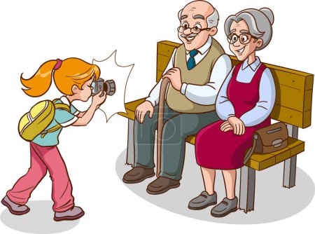 Illustration for Old couple sitting on bench and photographer girl child - Royalty Free Image