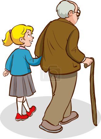vieil homme et jolie fille marchant ensemble illustration vectorielle de dessin animé