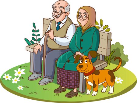 Téléchargez les illustrations : Vieux couple assis sur banc vecteur illustration - en licence libre de droit