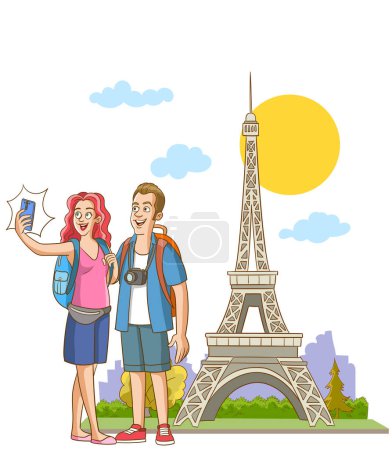 Ilustración de Vector ilustración de pareja joven tomando selfie en la torre eiffel - Imagen libre de derechos