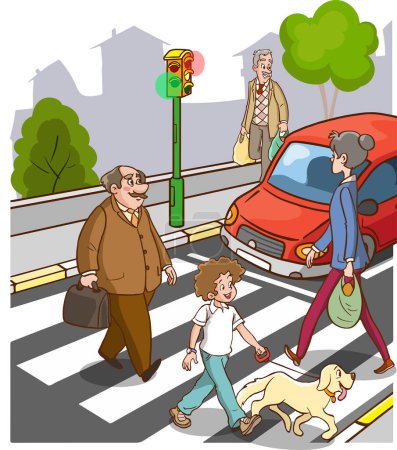 Téléchargez les illustrations : Des gens dans la rue. Passage piétonnier sur un passage piétonnier avec feux de circulation - en licence libre de droit