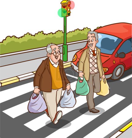 Ilustración de Gente en la calle. Camino peatonal de cruce con farolas - Imagen libre de derechos
