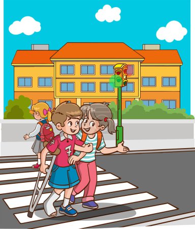 Illustration for People on street. Pedestrian crossing road on crosswalk with street lights - Royalty Free Image