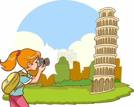 Illustration for Photographer girl takes photo of tower of pisa - Royalty Free Image