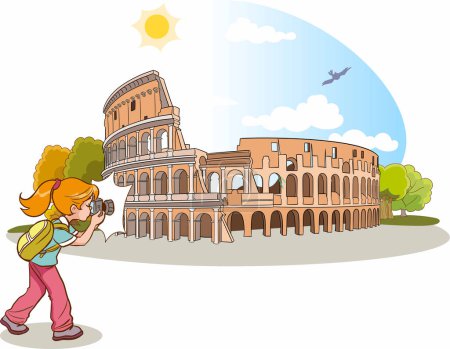 Ilustración de Fotógrafa chica toma foto de italia Coliseo - Imagen libre de derechos