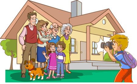 Illustration for Photographer young boy and big family - Royalty Free Image