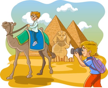 Illustration for Photographer young boy and egyptian pyramids - Royalty Free Image