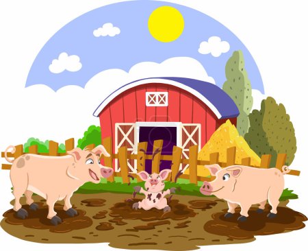 Téléchargez les illustrations : Ferme de dessin animé avec deux porcs - en licence libre de droit