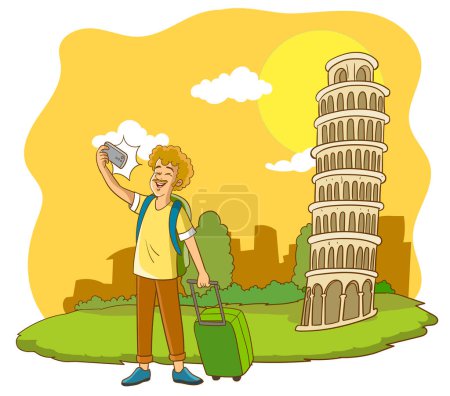 Ilustración de Turista tomando selfie en la torre de Pisa. ilustración vectorial - Imagen libre de derechos