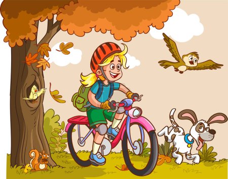 Téléchargez les illustrations : Fille à vélo dans la forêt illustration - en licence libre de droit