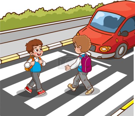 Téléchargez les illustrations : Enfants d'école piétons traversant la rue de la ville sur le zèbre, promenade de sécurité au carrefour - en licence libre de droit