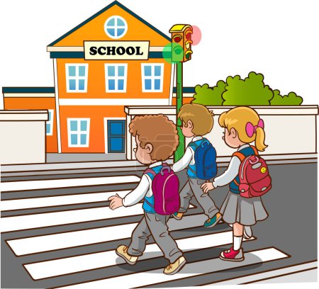 Illustration for Student children crossing pedestrian crossing going to school - Royalty Free Image