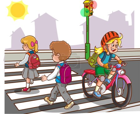 Téléchargez les illustrations : Élèves enfants traversant passage piéton allant à l'école - en licence libre de droit