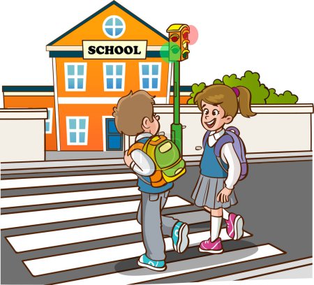 Ilustración de Estudiantes niños cruzando paso peatonal yendo a la escuela - Imagen libre de derechos