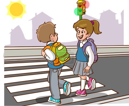 Téléchargez les illustrations : Élèves enfants traversant passage piéton allant à l'école - en licence libre de droit