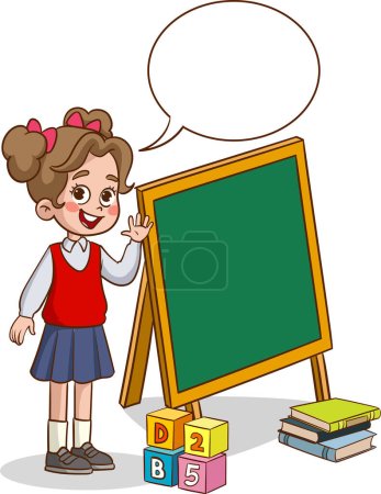 Illustration for Cute student boy talking in front of blackboard - Royalty Free Image