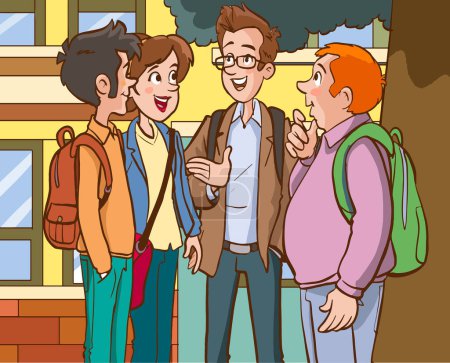 Illustration for Three boys with a friend talking on a background. cartoon character. vector - Royalty Free Image