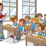 Illustration of a group of students doing the lesson in front of an empty school