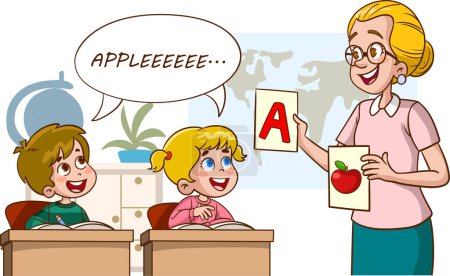 Illustration for Illustration of a teacher showing an apple with a girl at the school - Royalty Free Image