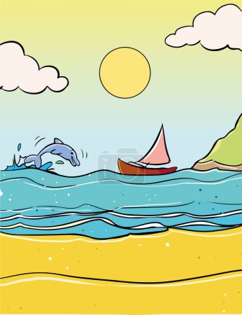 Illustration for Cartoon sea scene with boat and seagulls. - Royalty Free Image