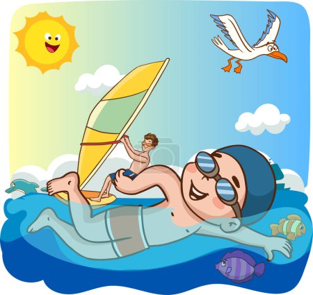 Illustration for Children swimming in the sea in summer cartoon vector - Royalty Free Image